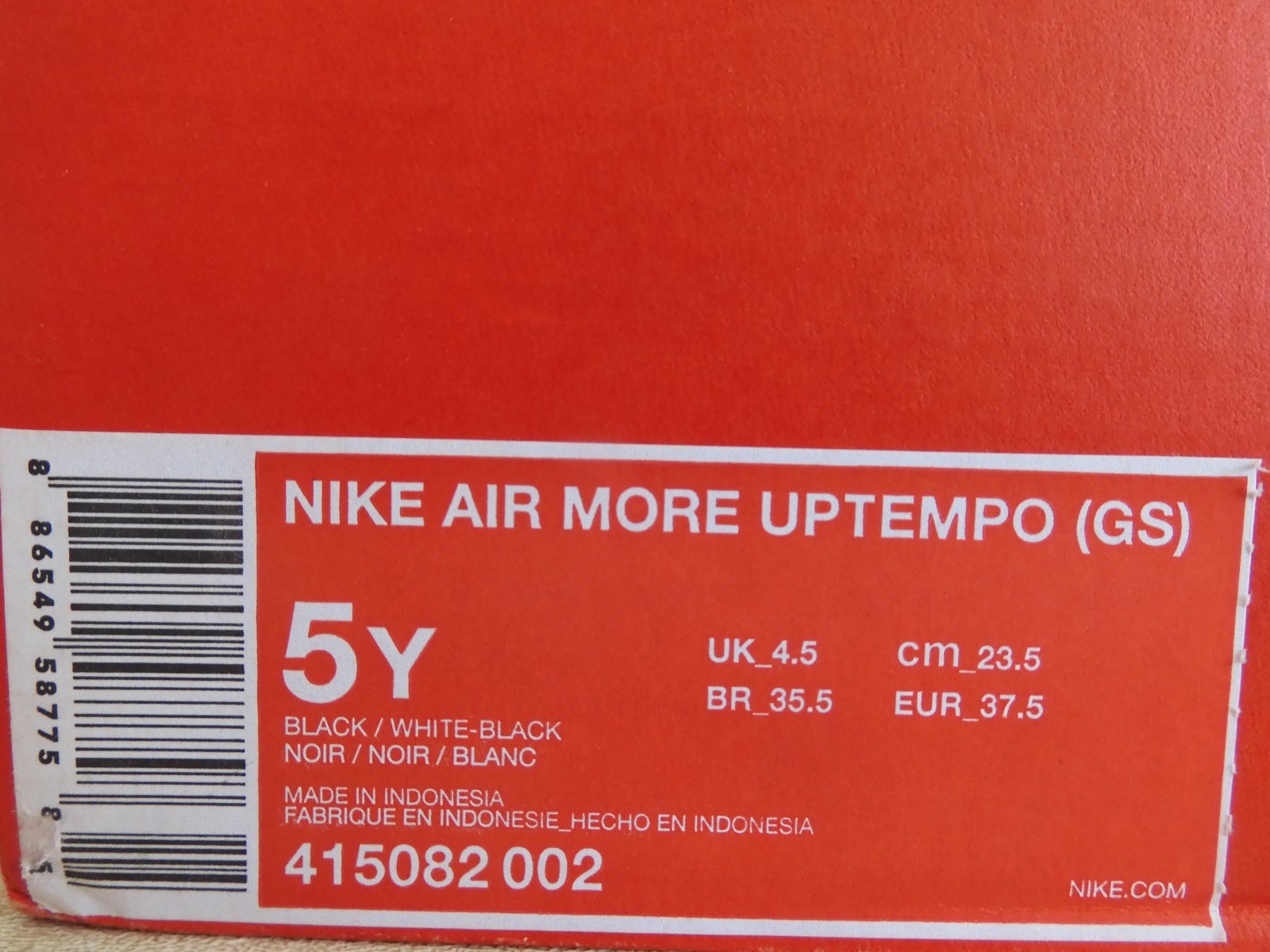 Nike Air More Uptempo (GS) Black-White-Black Sz 5Y Rare! [415082-002]