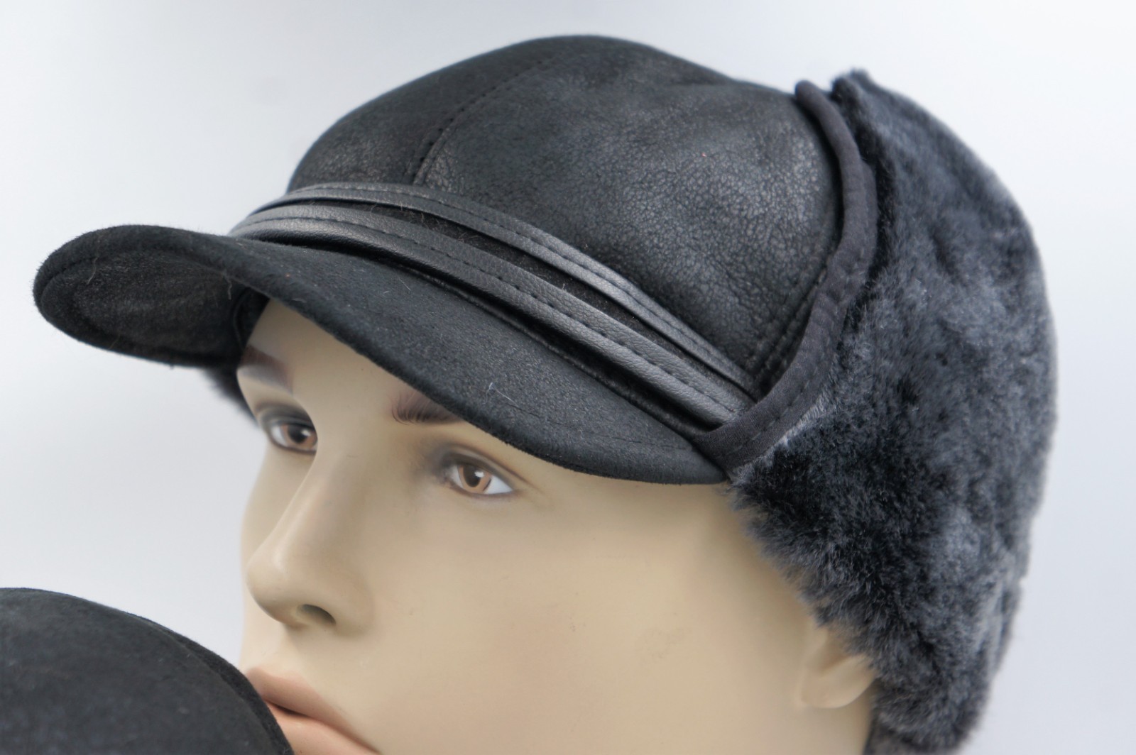 REAL SHEEPSKIN SHEARLING LEATHER Winter Aviator Hat Trapper Pilot S-3XL, BLACK