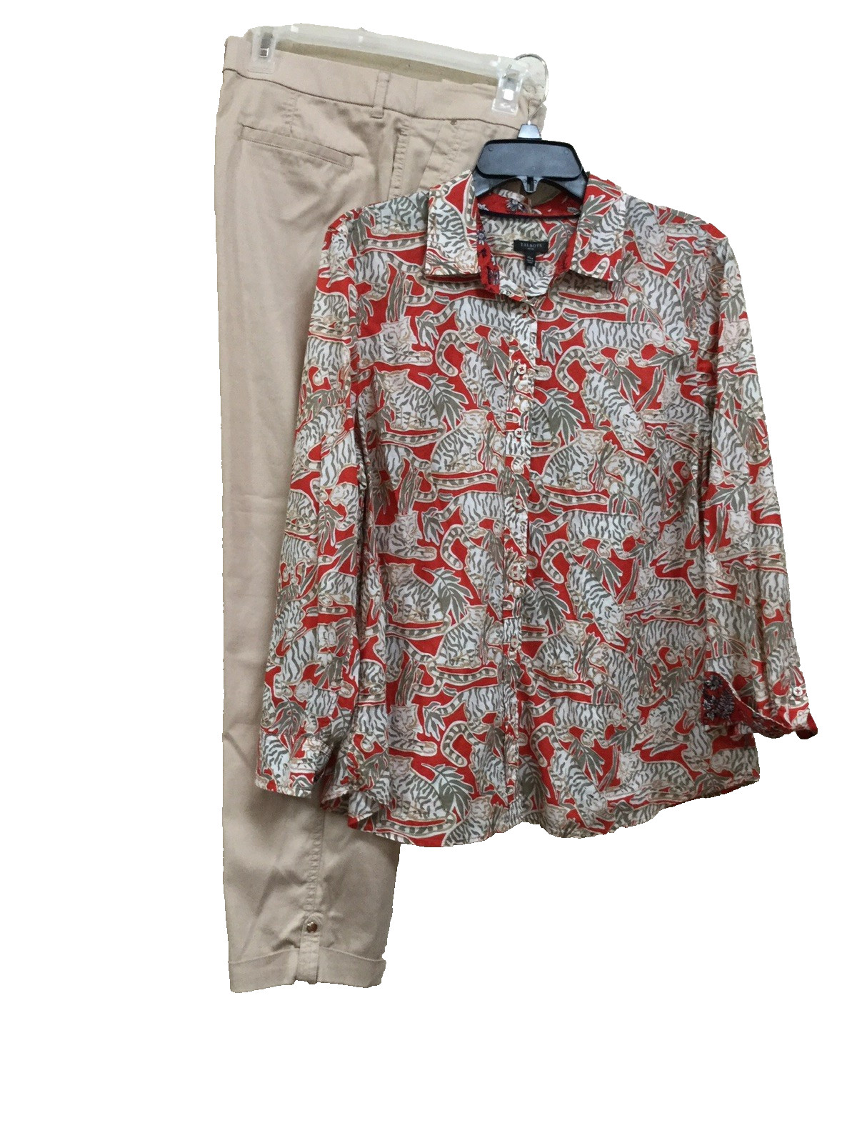 Talbots women Petite Size XLp Blouse Top Shirt Button safari Animal Red Green