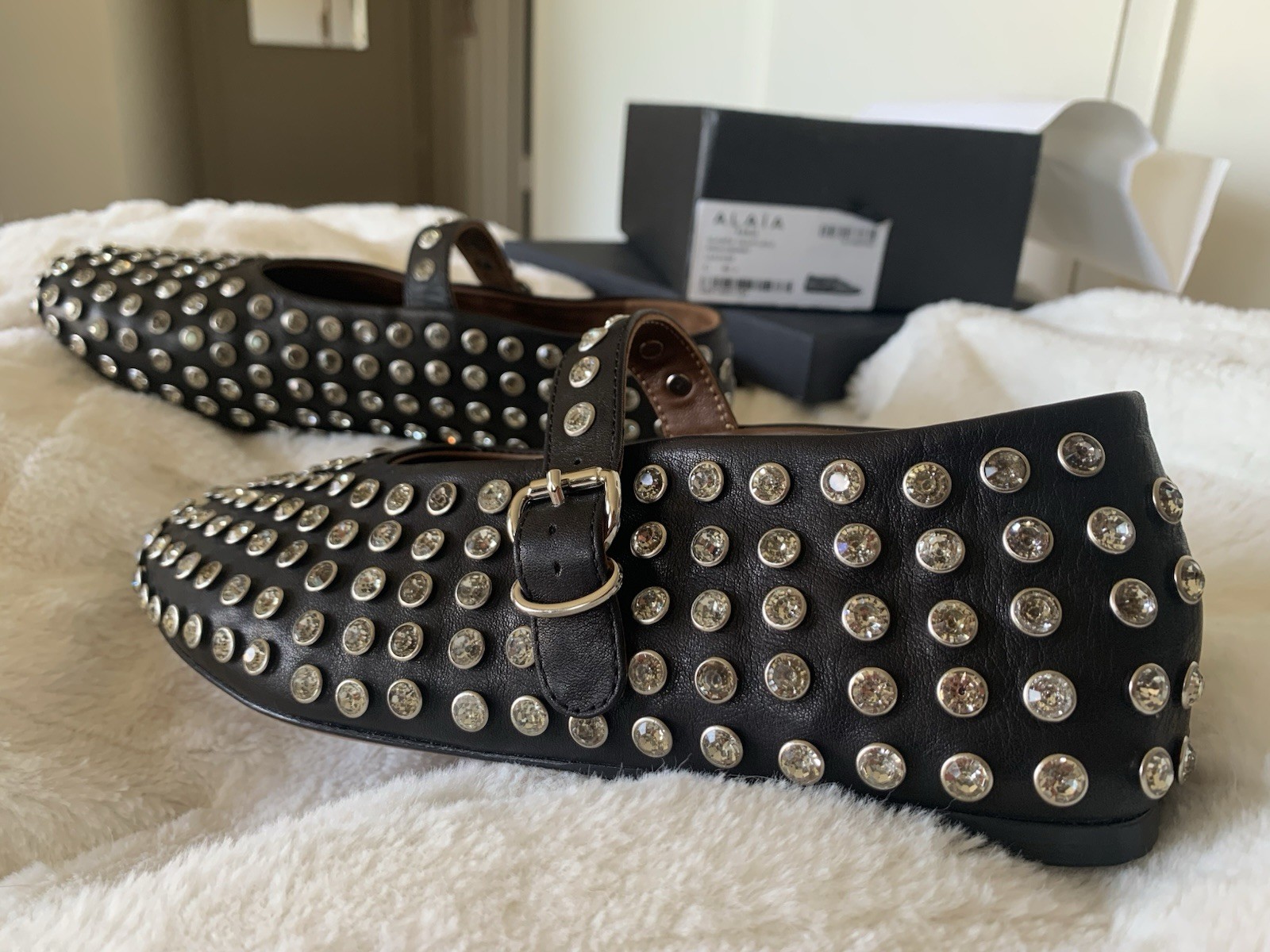 Alaia Mary Jane Strap Leather Rhinestone Crystal Ballet Flat Size 40 US 9 Black