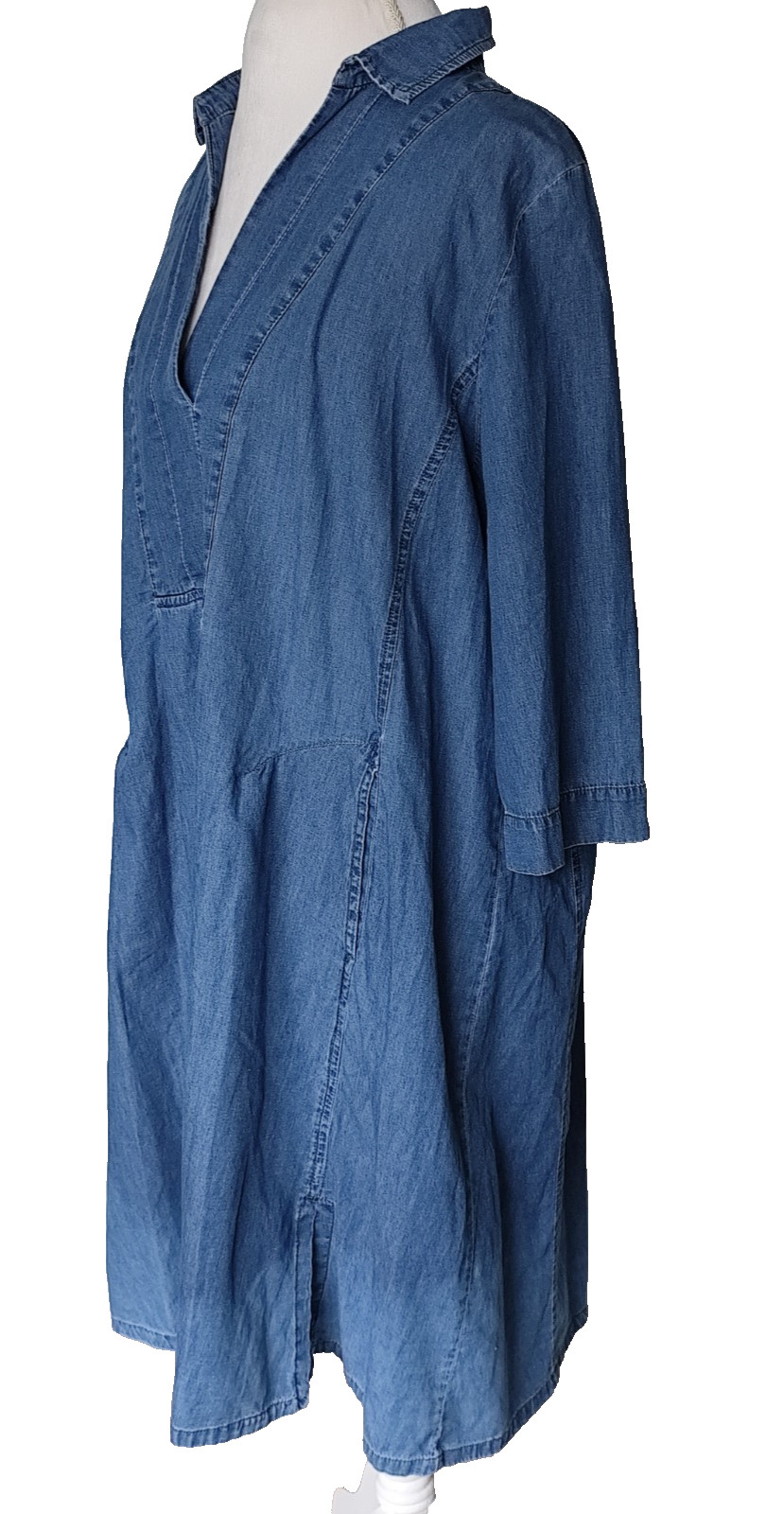 Alembika 4 Light Denim Green Stitch Collared V Neck 3/4 Sleeve Pockets Dress XL