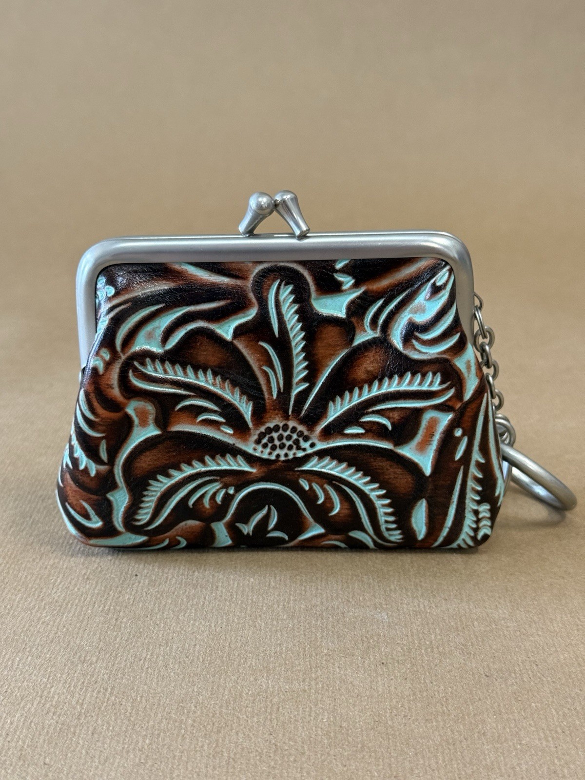 Patricia Nash Brown & Blue Western Floral Coin Wallet Keychain for Women