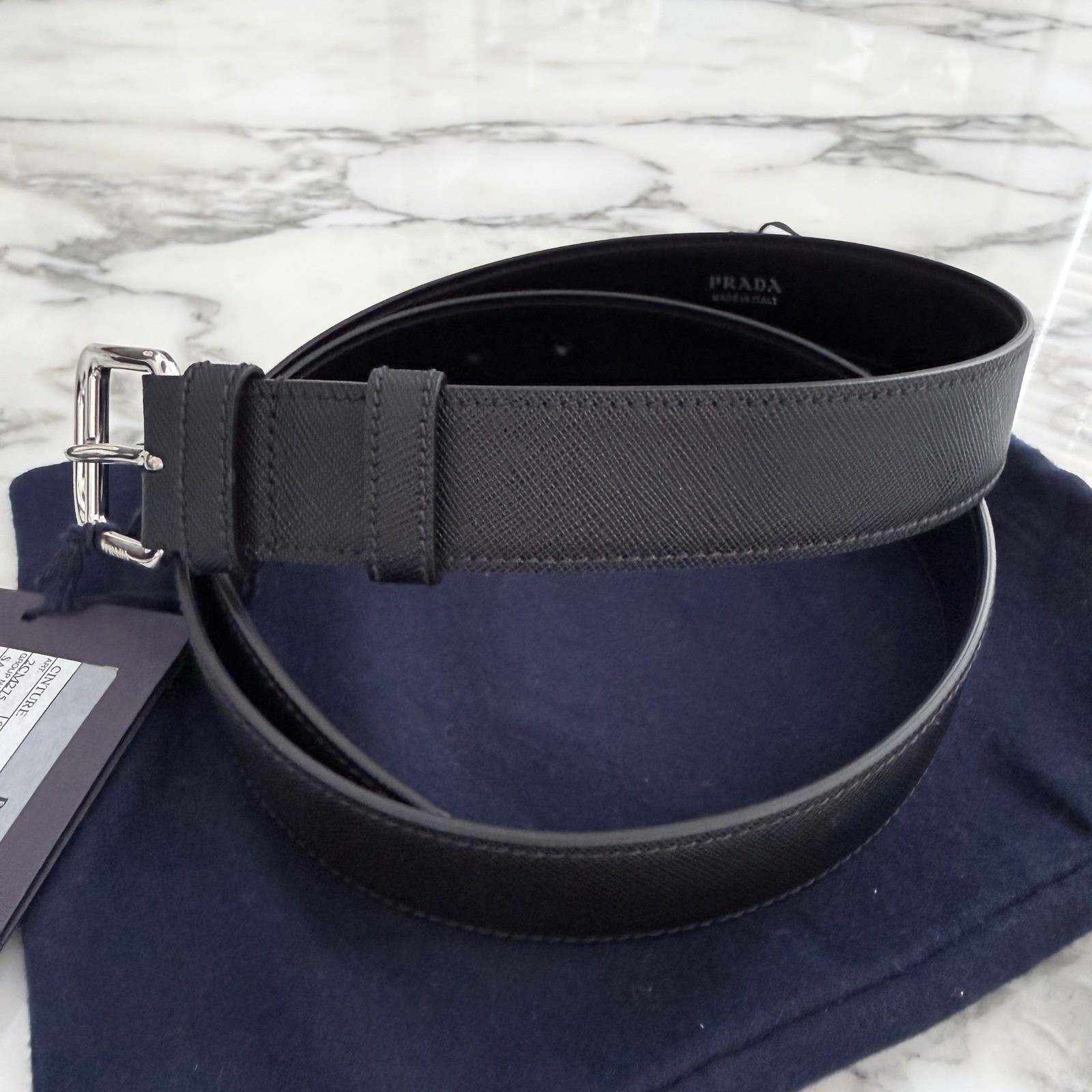 Prada 2CM275 Men’s Black Saffiano Leather Belt silver buckle, 105 cm