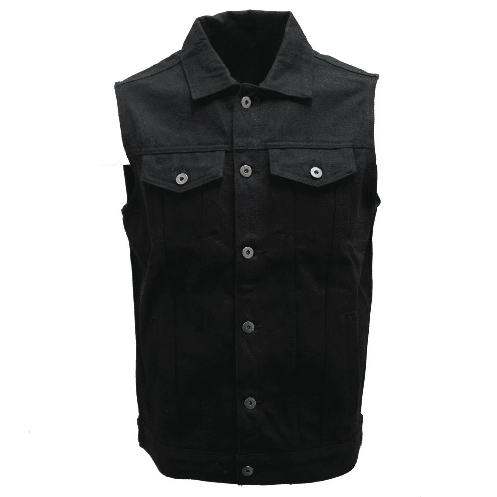 MEN’S HOODED DENIM BIKER VEST JACKET BLACK WASHED DENIM W/DETACHABLE HOODIE.