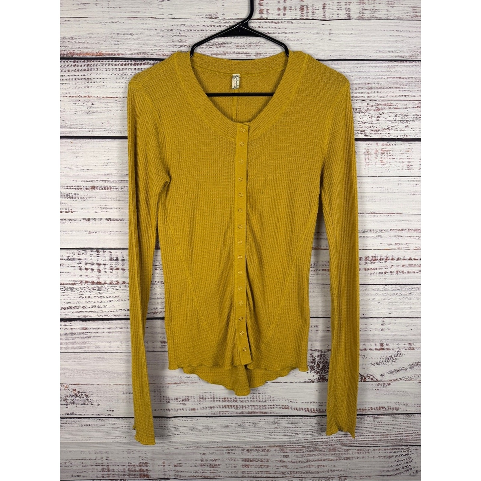Free People Intimately Waffle Knit Snap Front Cardigan Mustard Yellow L