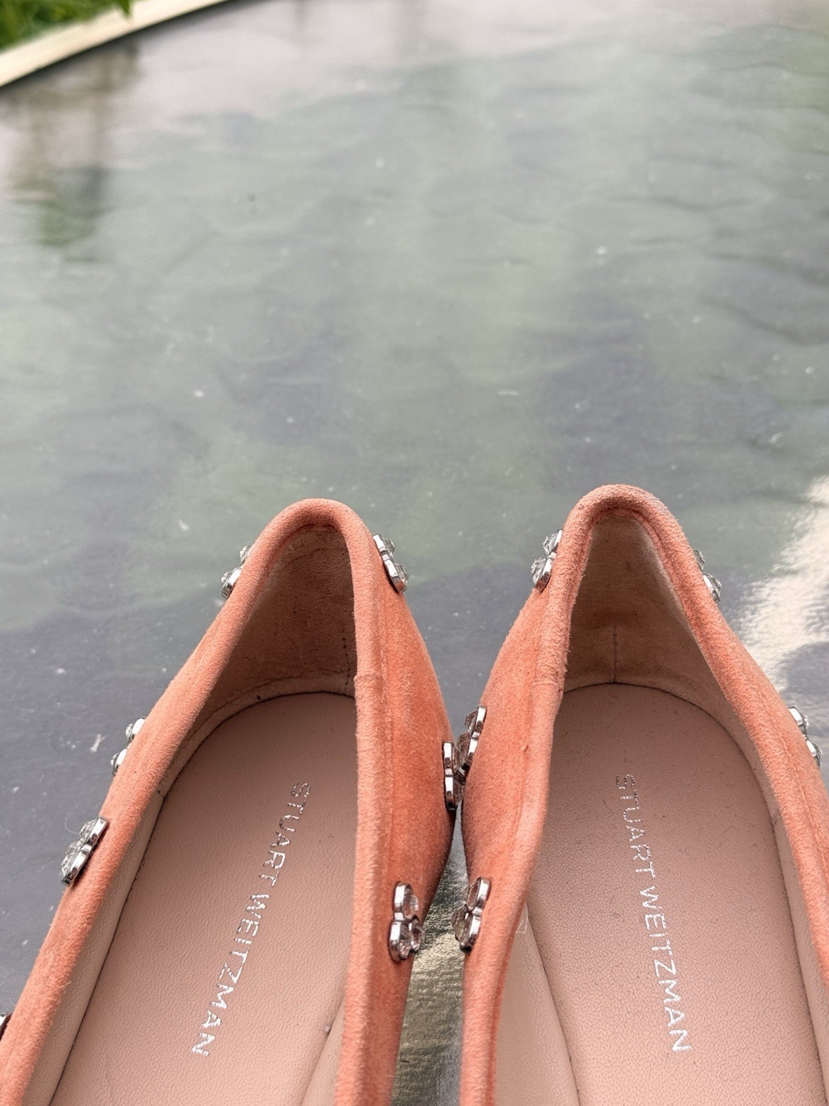 Stuart Weitzman Womens Ballet Flats US 6 Pink Suede Round Toe Bow Rhinestone