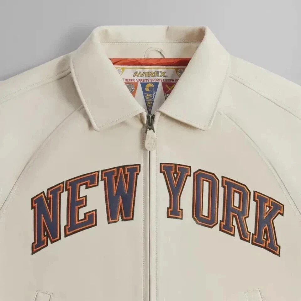 Men’s Avirex X Kith Knicks Bomber Leather Varsity Jacket New York Cream Coat
