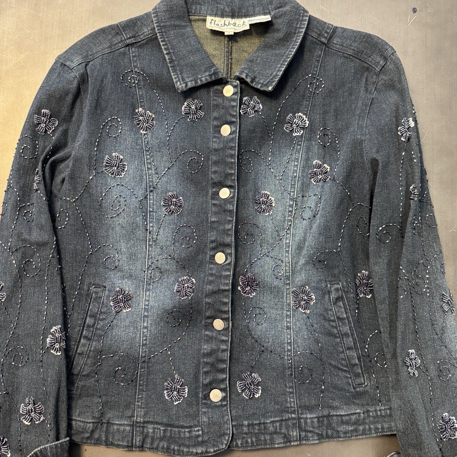 Flashback Blue Denim Beaded Western Jean Jacket Boho Flower Bedazzled M Stretch