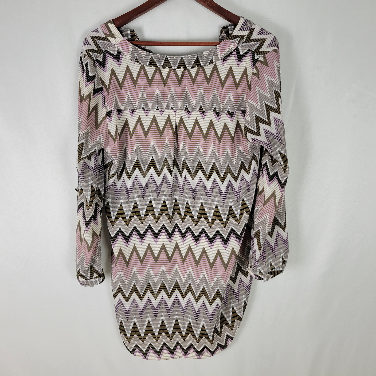 Cato Womens Blouse Small Top Multicolor Long Roll Tab Sleeve Split V Neck Shirt