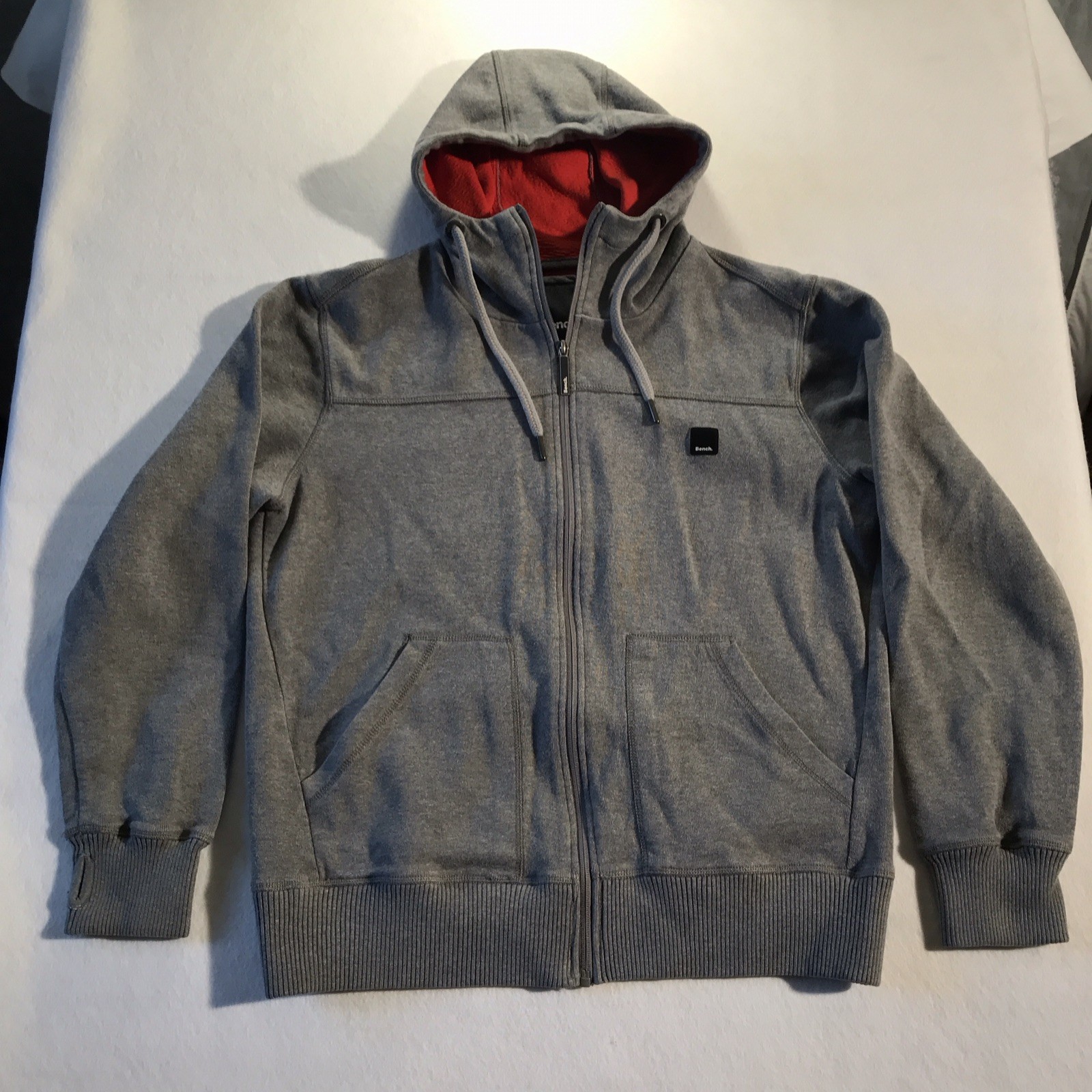 Bench. Men’s Full Zip Hooded Fleece Hoodie Gray/Red Lined Pockets XL