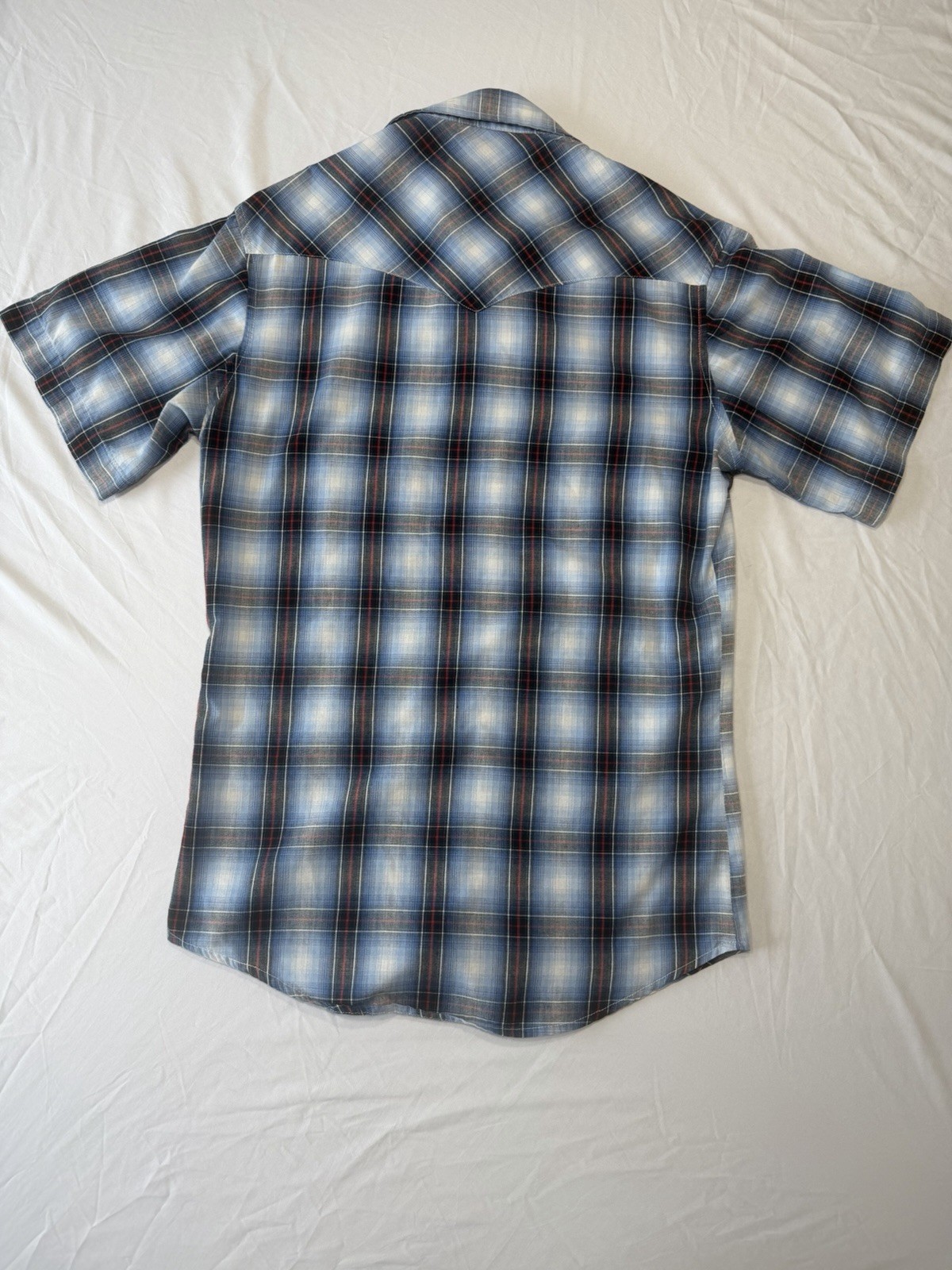 Wrangler Men’s Western Pearl Snap Shirt Blue Plaid, Short Sleeve, Size Small