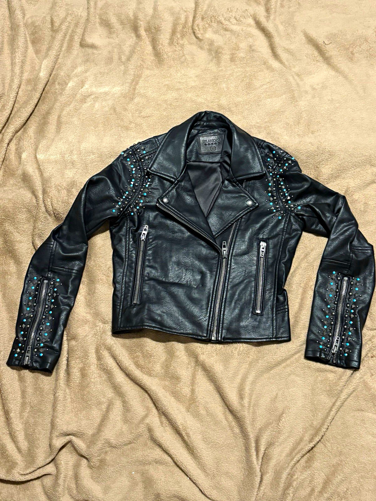 BlankNYC Women’s Black Studded Moto Jacket Full Zip Lined Biker Style Size XS