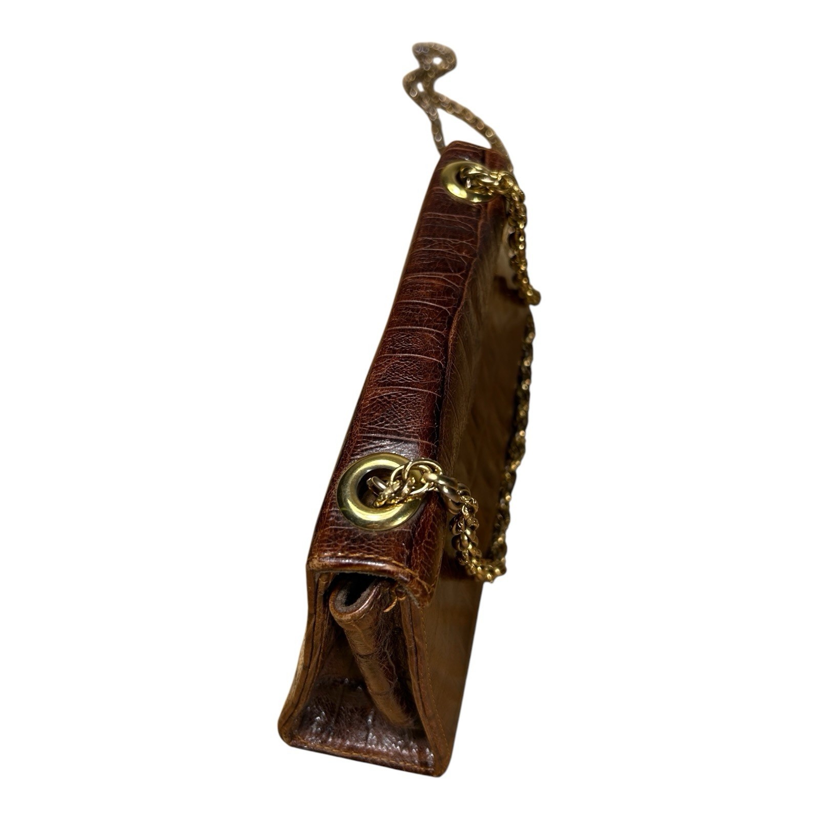 Esquire Vintage Brown Croc Embossed Leather Envelope Clutch Gold Chain Bag