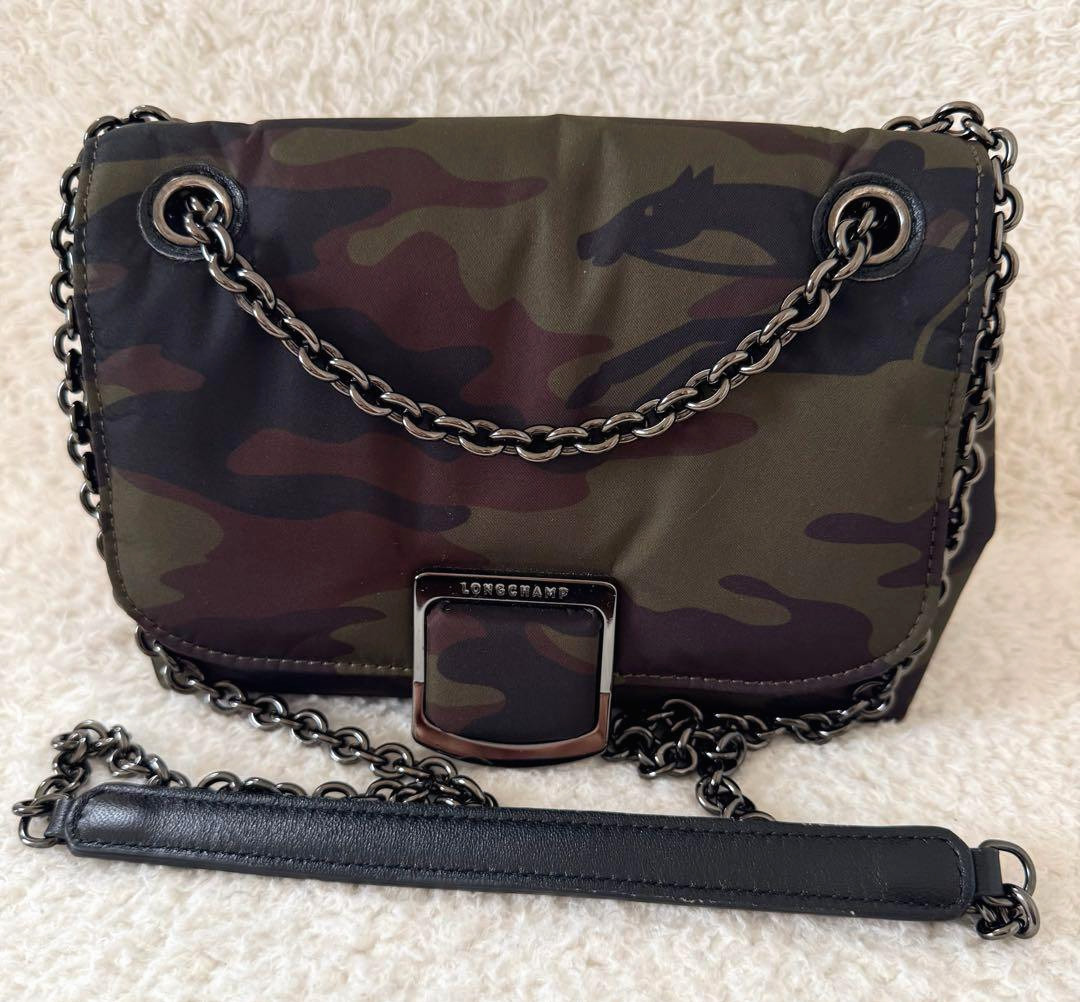 Longchamp Camouflage Nylon Chain Shoulder Bag Crossbody Green Black W 8.7in