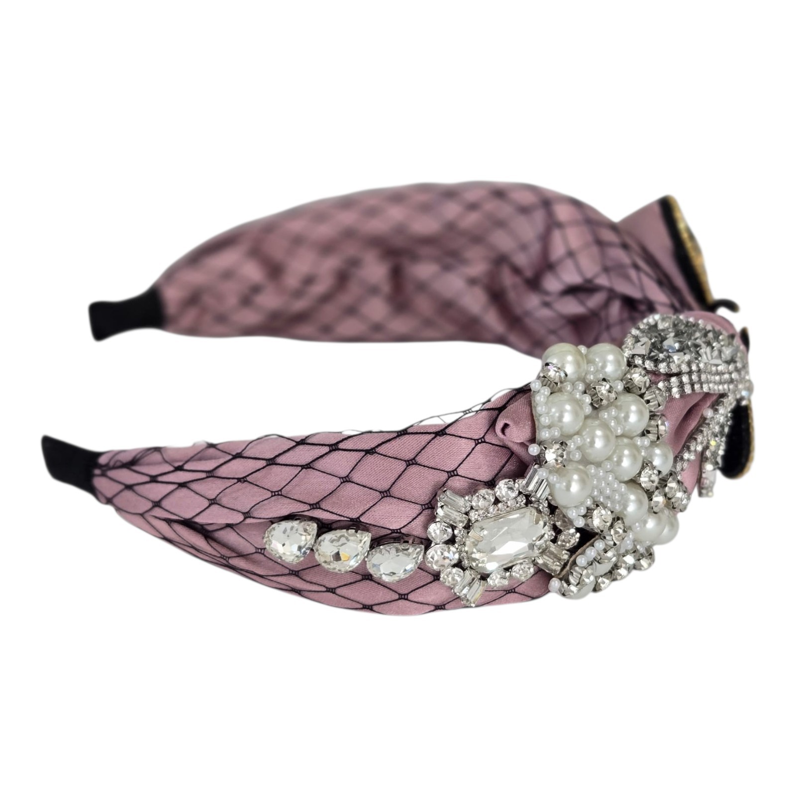 Elegant Bow Rhinestone Pearl Mesh Headband Pink Knotted Jeweled Hair Accessory