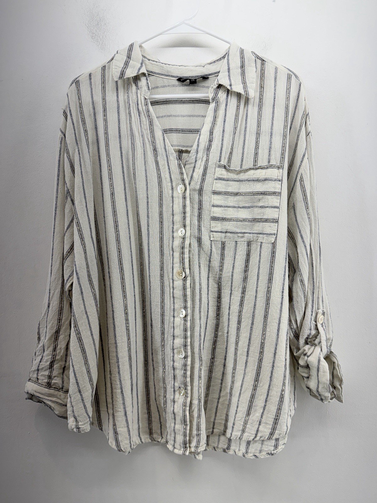 Club Z Collection Women’s Long Roll Tab Sleeve Cotton Metal Button Top Size 2X