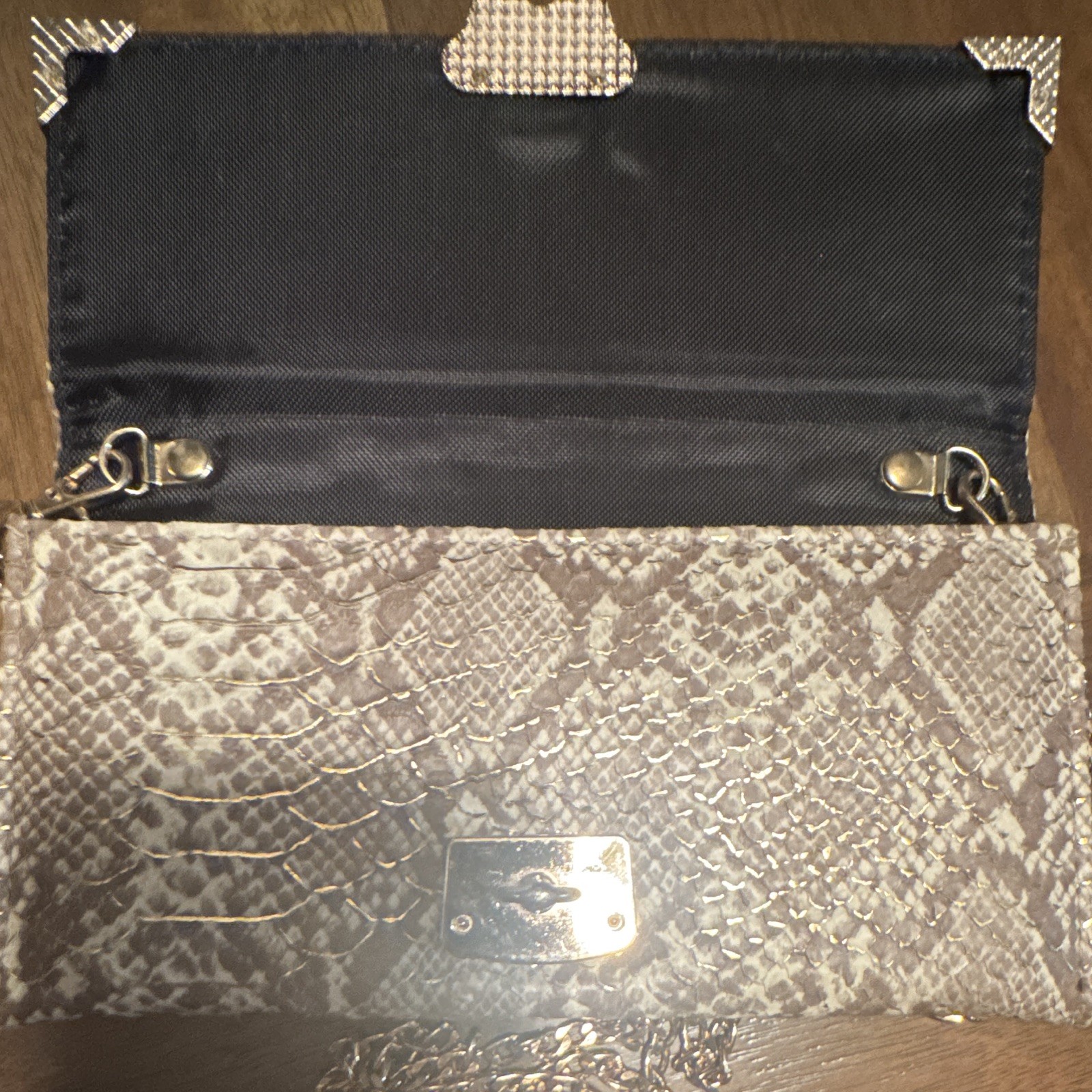 Beige/Brown Snakeskin Animal Print Clutch w/ Gold Chain Strap, Lock, Lined
