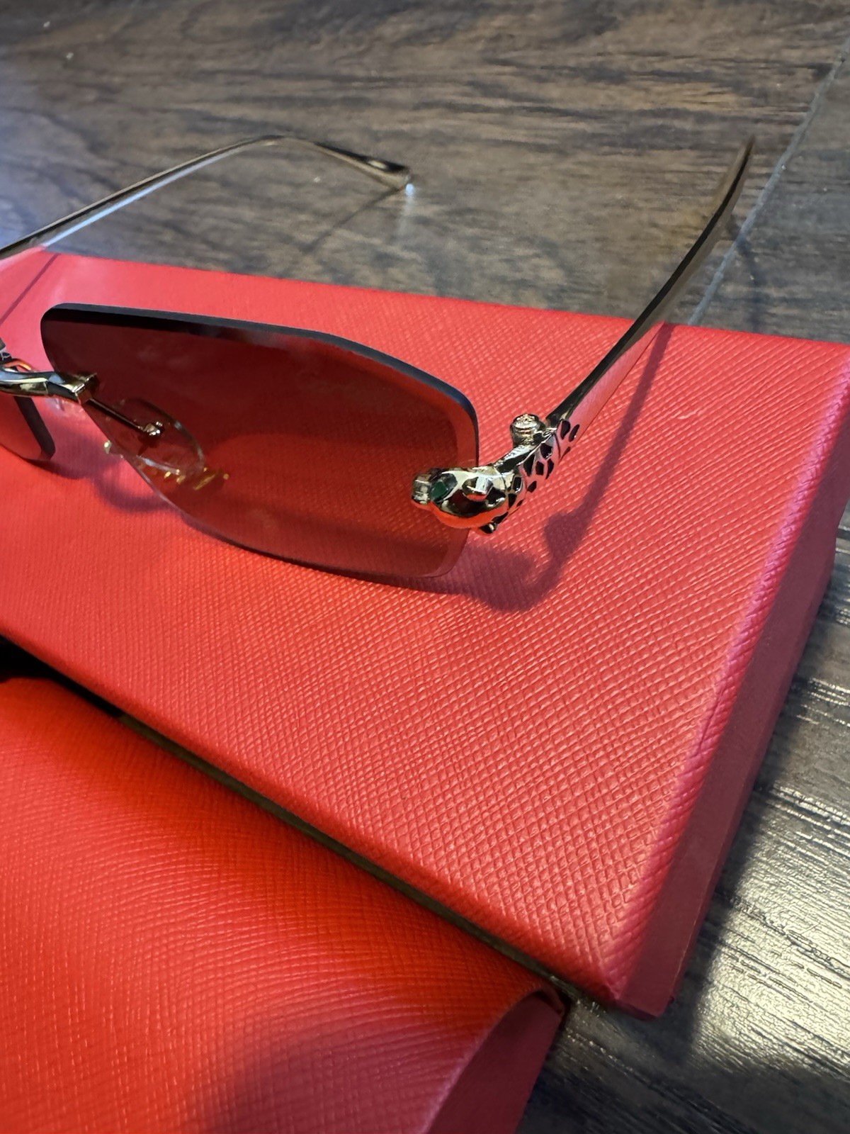 Cartier Rimless Rectangle Sunglasses Gold Metal Frame Red Tinted Lens w/Case