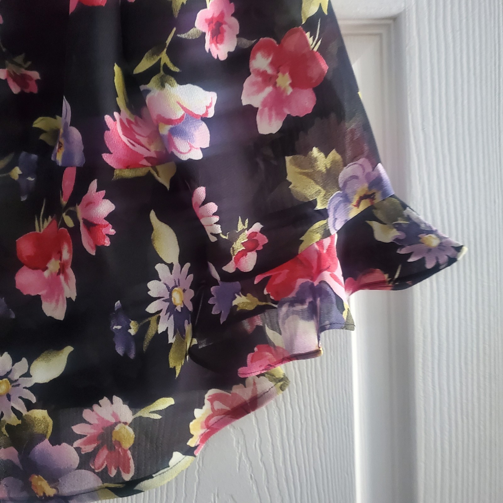 Miss Dorby 16 Petite Black Floral Blouse Semi Sheer Open Front With Tie Peum Hem