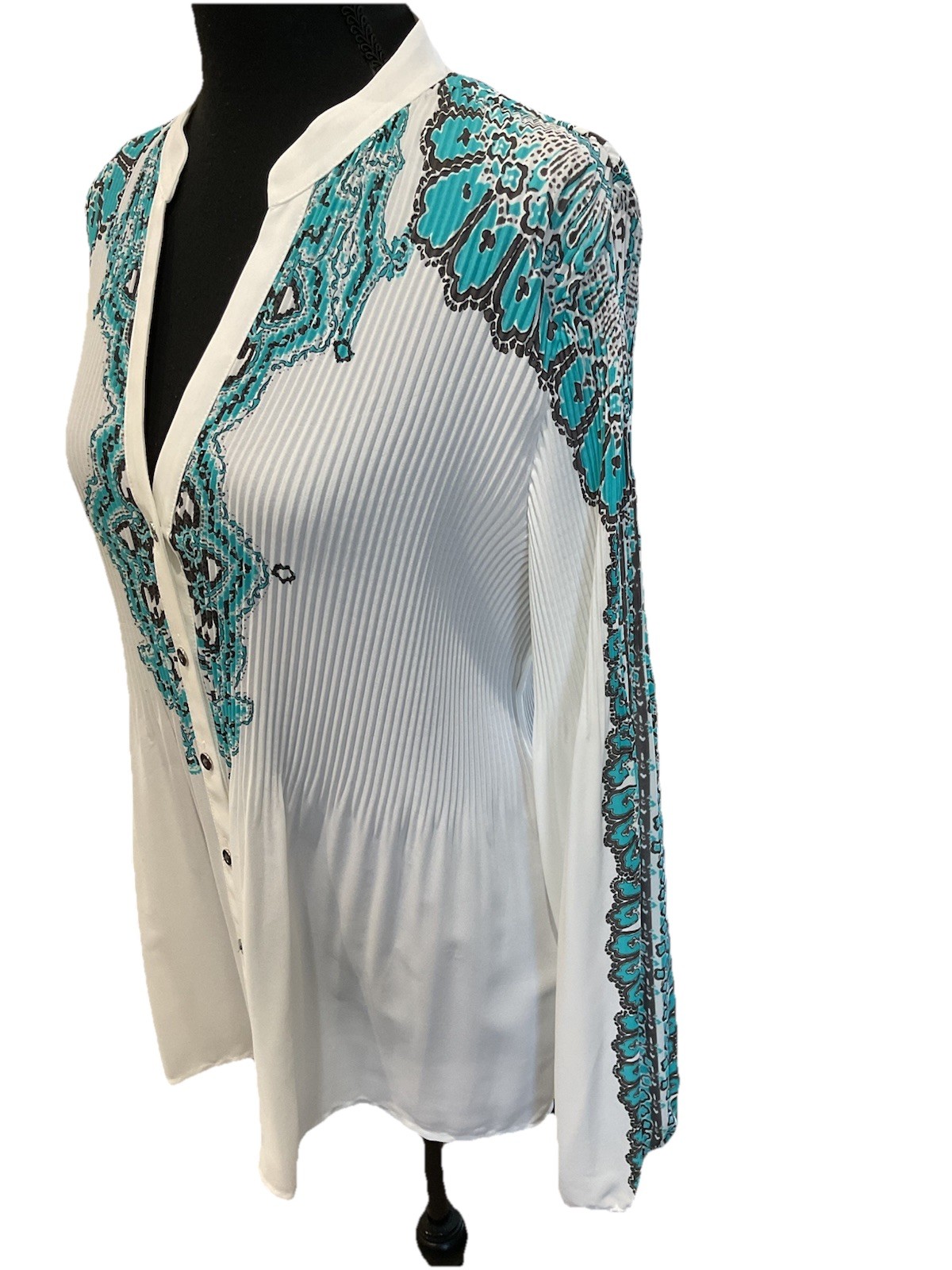 Alfani Petite Turquoise And White Tunic Buttons Small Pull NWT SZ 14 P LONG SLVS