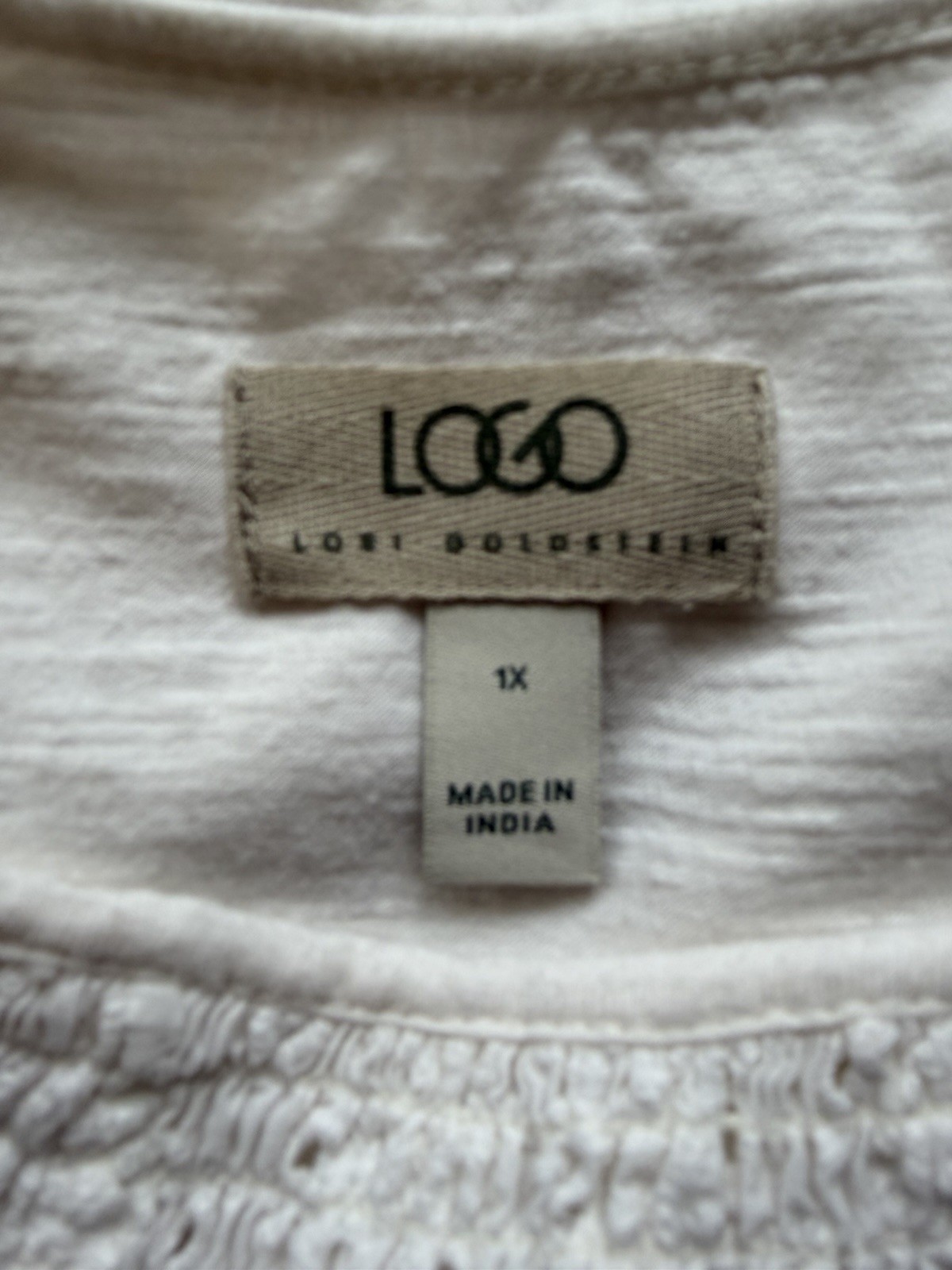 LOGO Lori Goldstein 1X Eyelet Top Ivory Scallop Trim Cotton Cottagecore Coastal