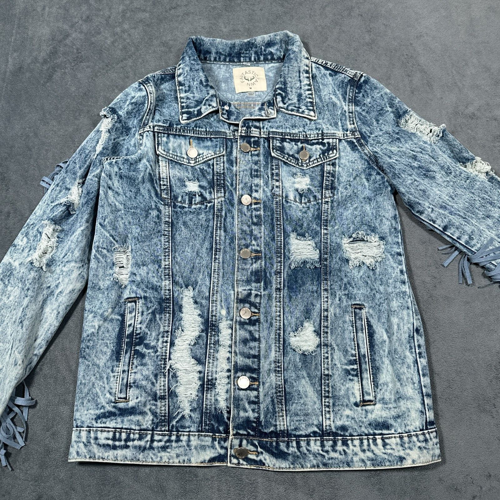 Denim Trucker Jean Jacket Womens Medium Blue Acid Stone Wash Distressed Fringe
