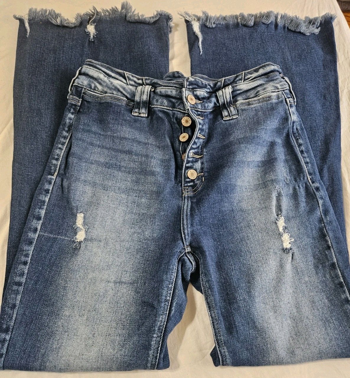 KanCan Women’s High Rise Wide-Leg Flare Medium Wash Distressed Raw Hem Jeans 30