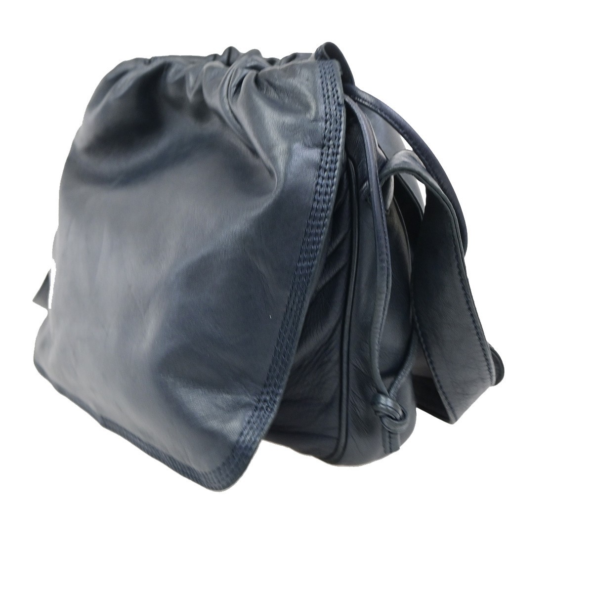 LOEWE Logo Drawstring Anagram Shoulder Bag Leather Navy Blue GHW Spain 83KD267