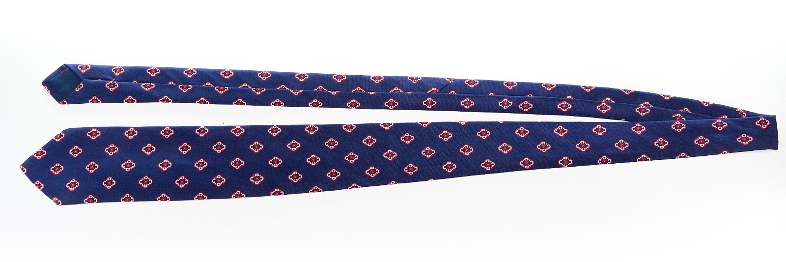BIGI CRAVATTE Men’s 100% Silk Tie BLUE w/ RED MEDALLIONS 59″ x 3.25″ USED T22