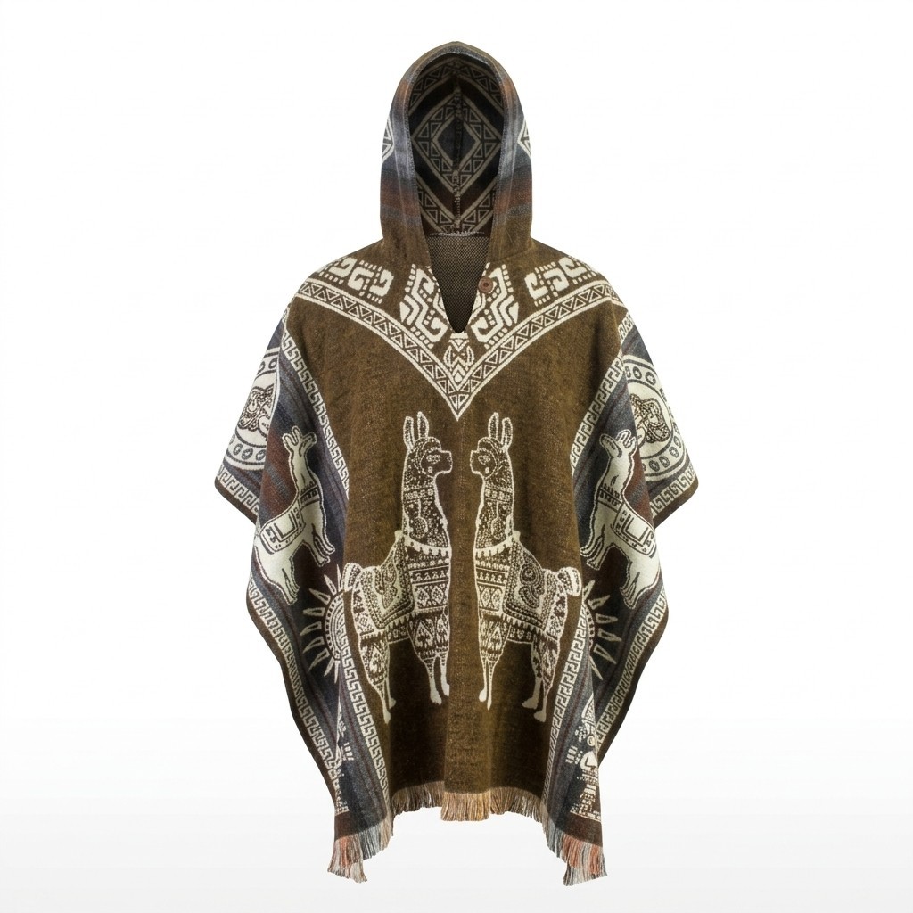 ALPACA WOOL HOODED PONCHO XL UNISEX WINTER COAT LLAMA PATTERN ANDES KNIT ECUADOR