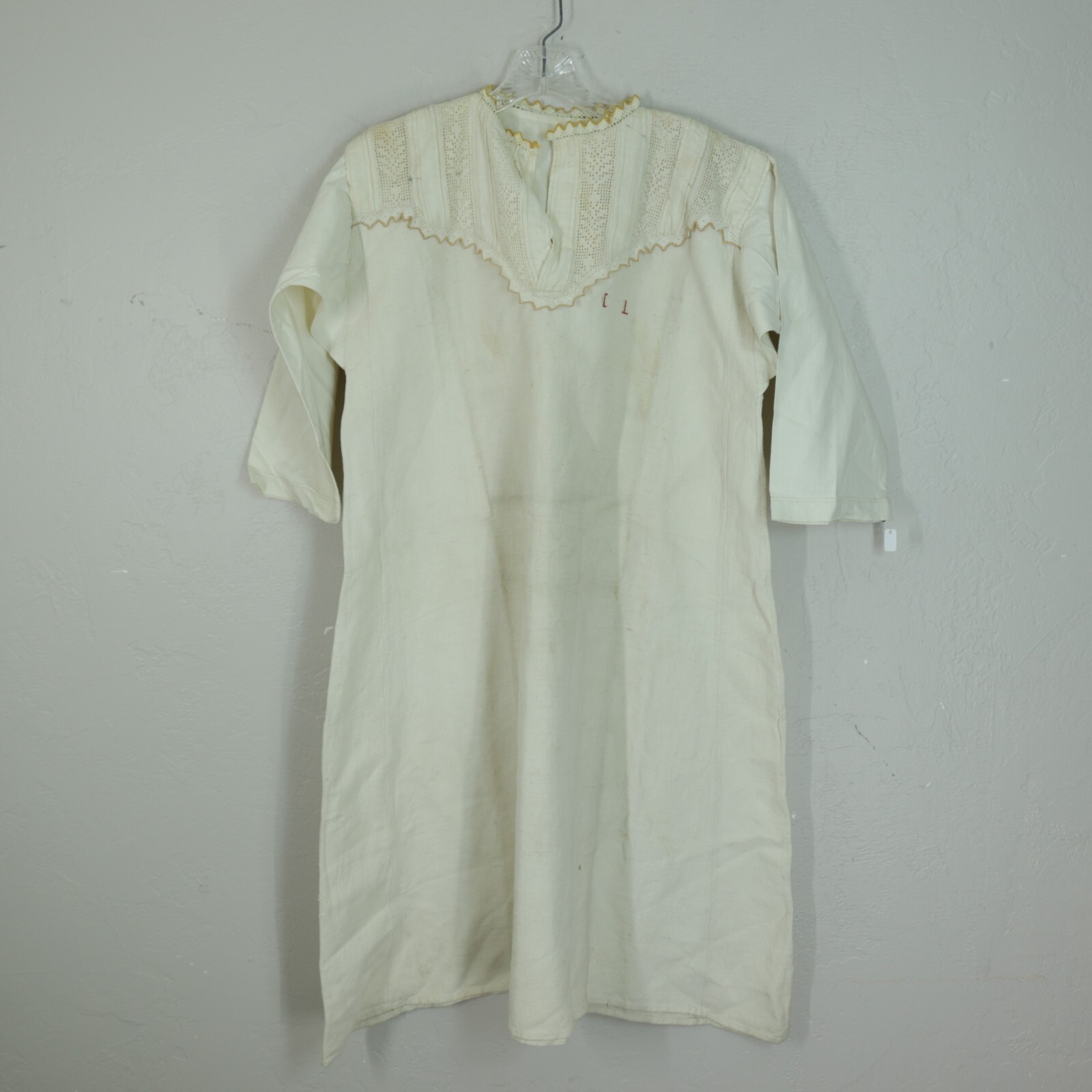 Antique Linen Chemise Nightgown Victorian Edwardian Lace Pullover 3/4 Sleeve