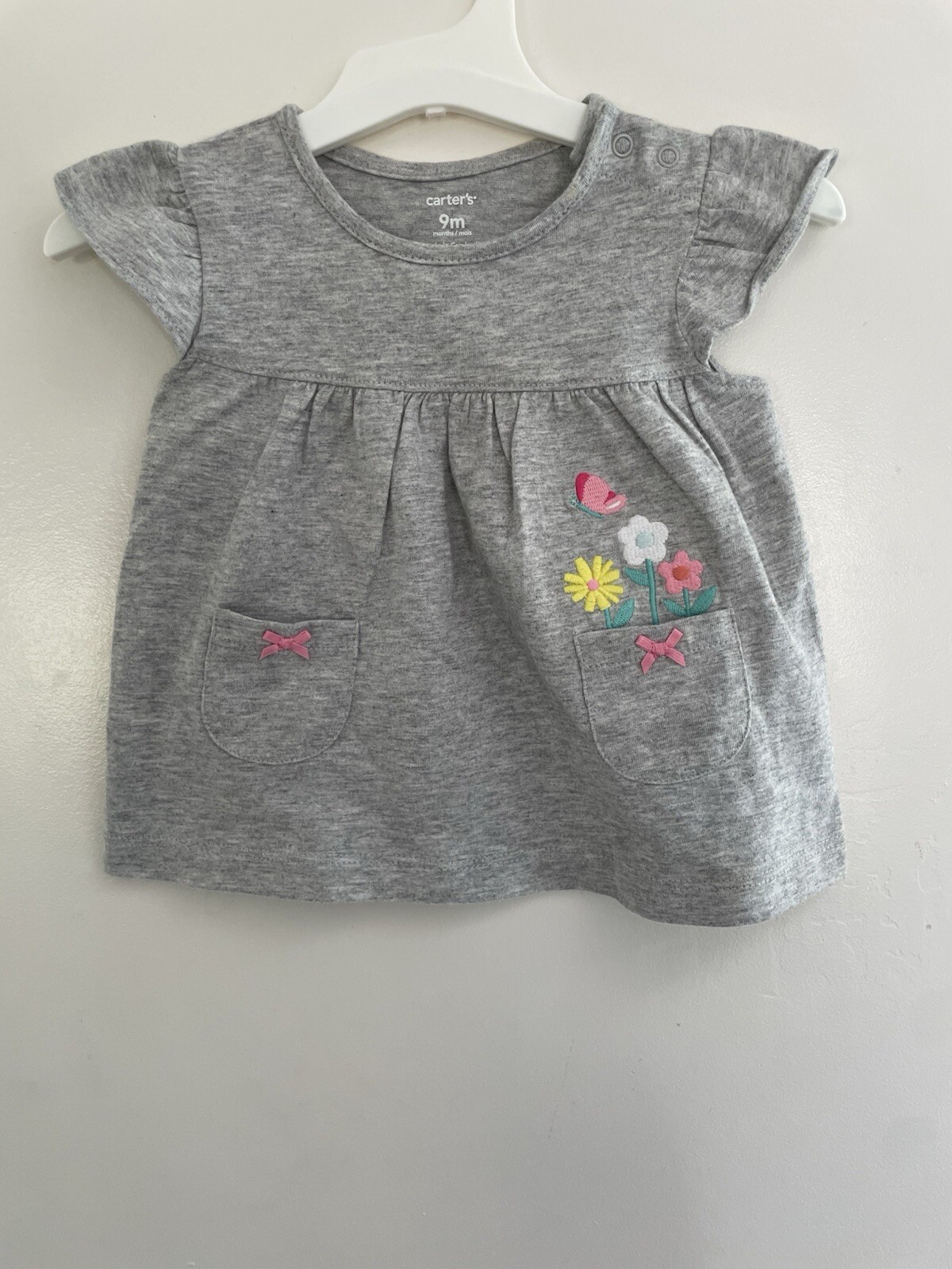 Carter’s Baby Girls Embroidered Flowers Butterfly Flutter Sleeve Shirt Gray 9M