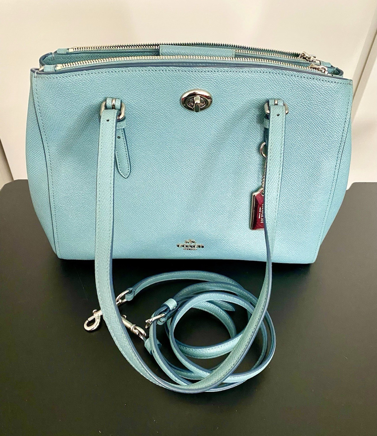 Coach Blue Pebbled Satchel Handle w/ Detachable Strap, Zip Turn Lock Carryall 29