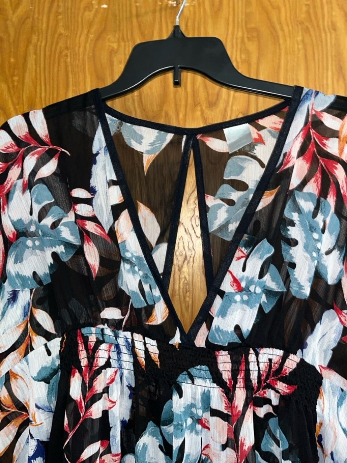 Kona Sol Black Floral V-Neck Tunic with Blue and Coral Leaves