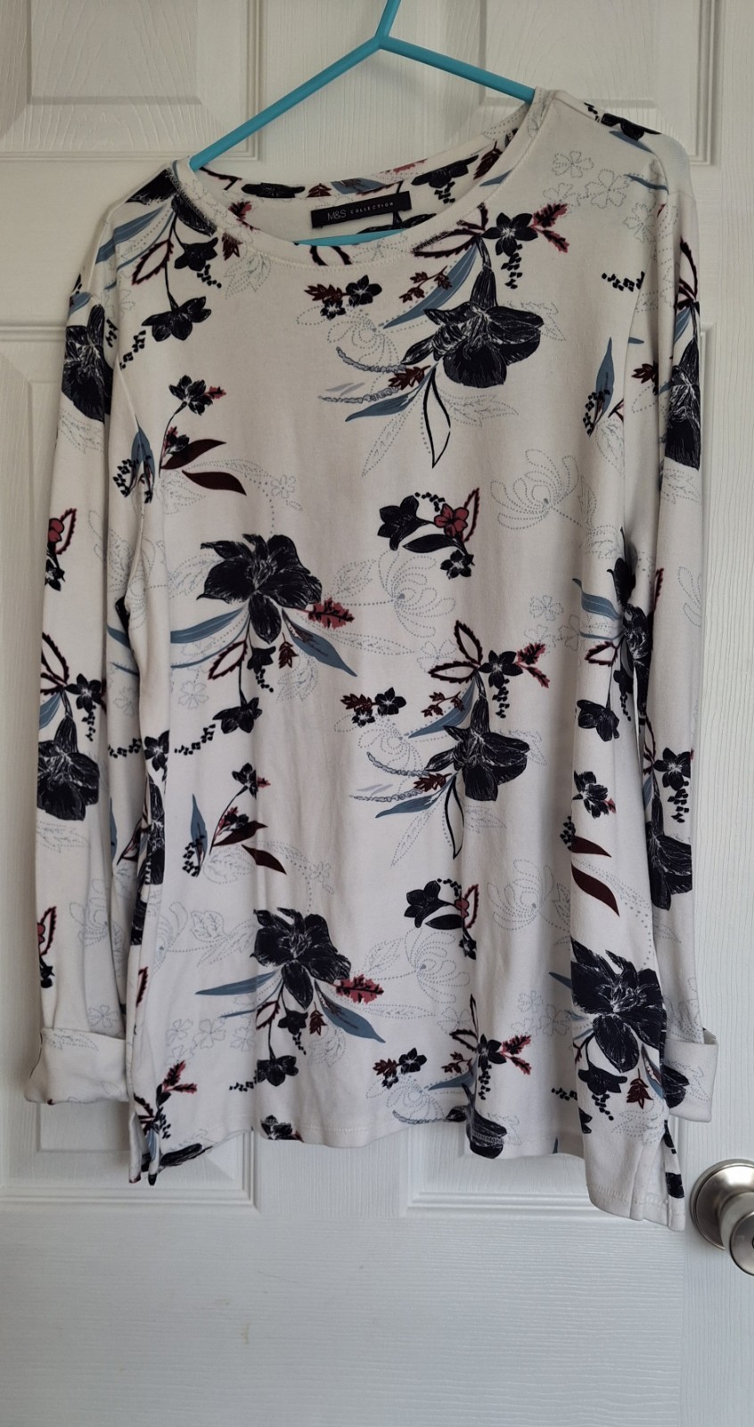 M&S Collection Ivory Mix Floral Top UK 12 EUR 40 Long Sleeve Crew Neck T41 3613