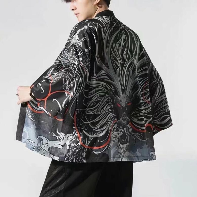 Retro Men Chinese Japanese Oriental Kimono Dragon Top Casual Shirt Hanfu Hip hop