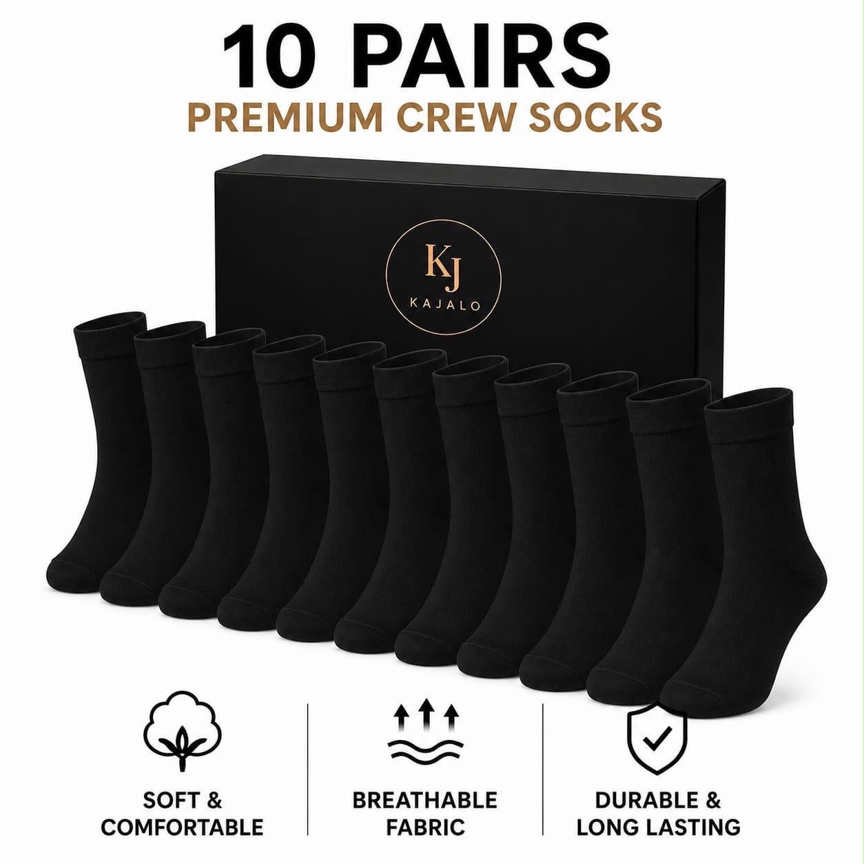 10 Pairs Men’s Crew Socks White & Black | Soft Breathable Cotton Gift Box KAJALO