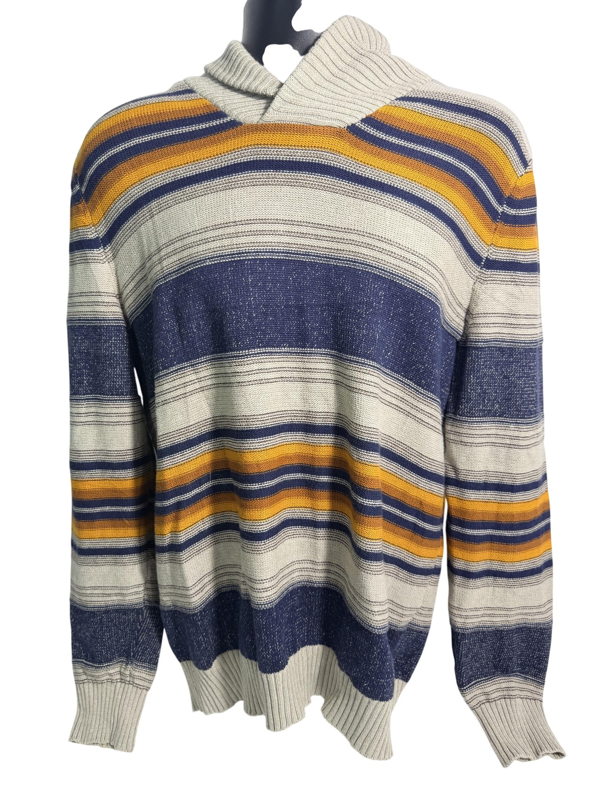 Sun and Stone Sweater Mens Large Beige Navy Shawl Collar V-Neck Knit Casual