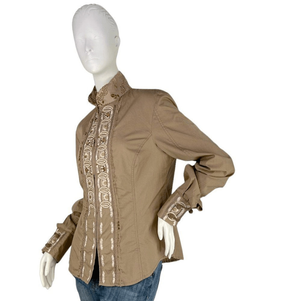 Roberto Cavalli Place Tan Floral Beaned Embroidered Shirt w/ Mandarin Collar 12