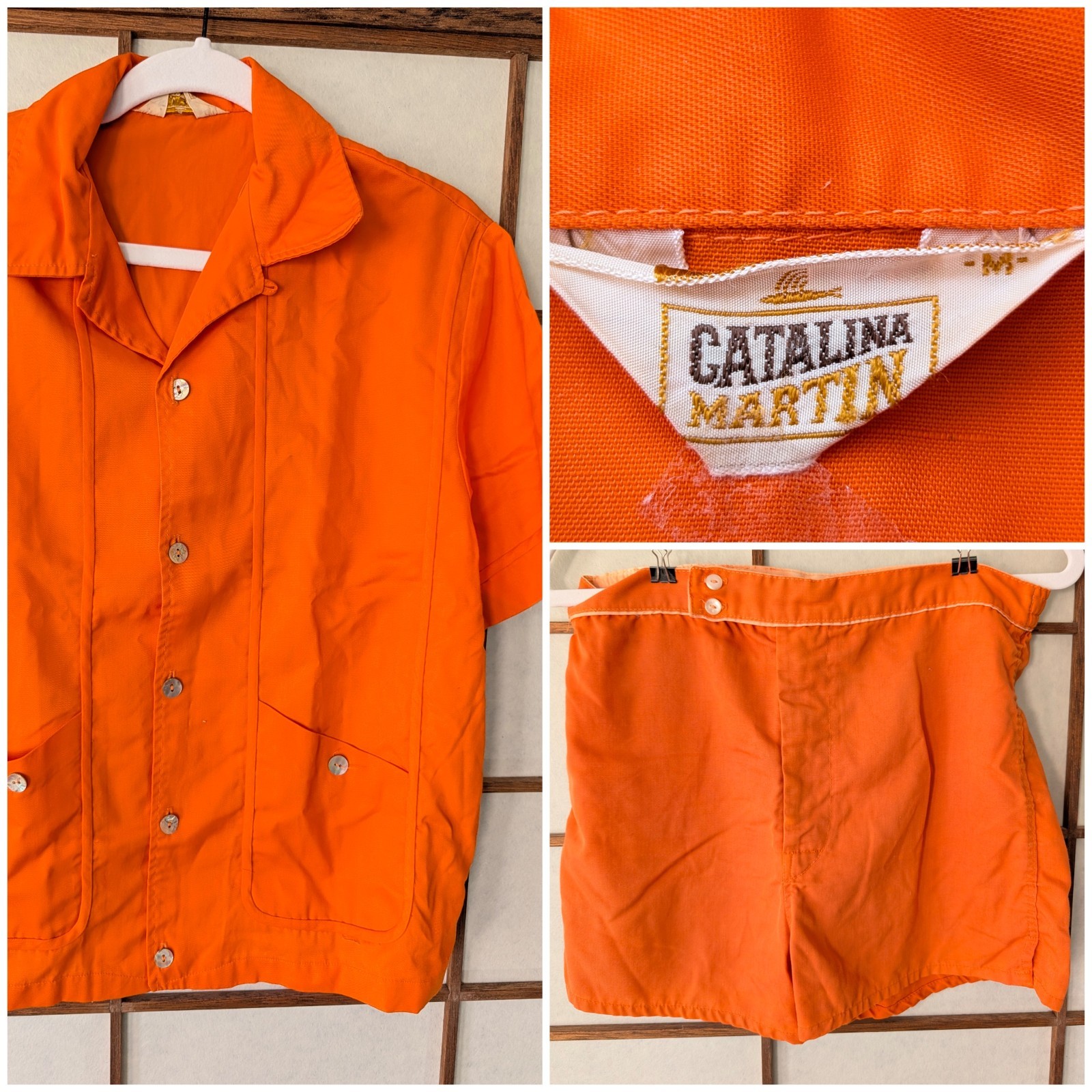Vintage Catalina Martin 2 pc Set 60s Shirt Swimsuit Shorts Bright Orange Med/ 32
