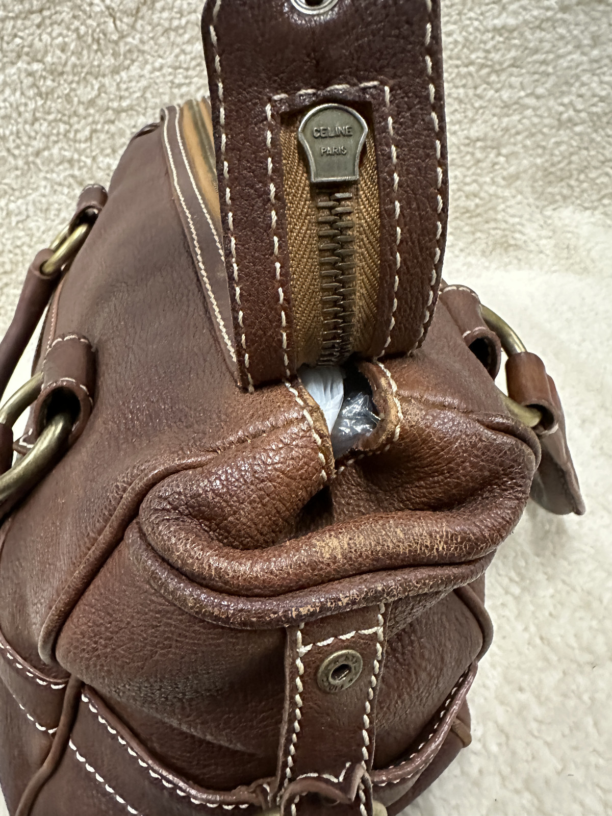 Celine Brown Leather Handbag Handle Purse Satchel Horse Buggy Logo Dust Bag Tags