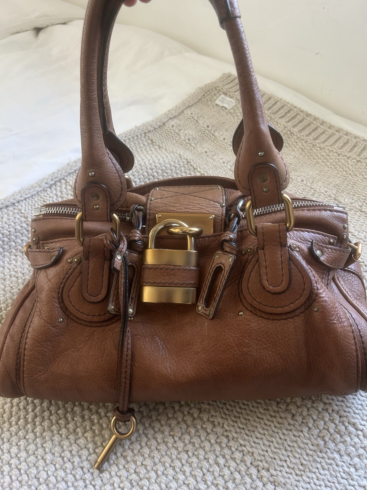 Chloé Brown Satchel Padlock & Key, Studded Bottom, Zip Closure, Gold/Silver