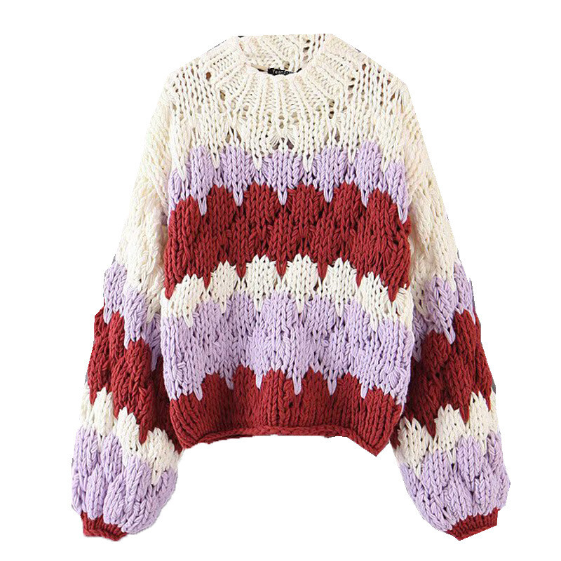 Hot Women Fashion Multicolor Pullover Loose Handmade Knitted Sweater Cardigan