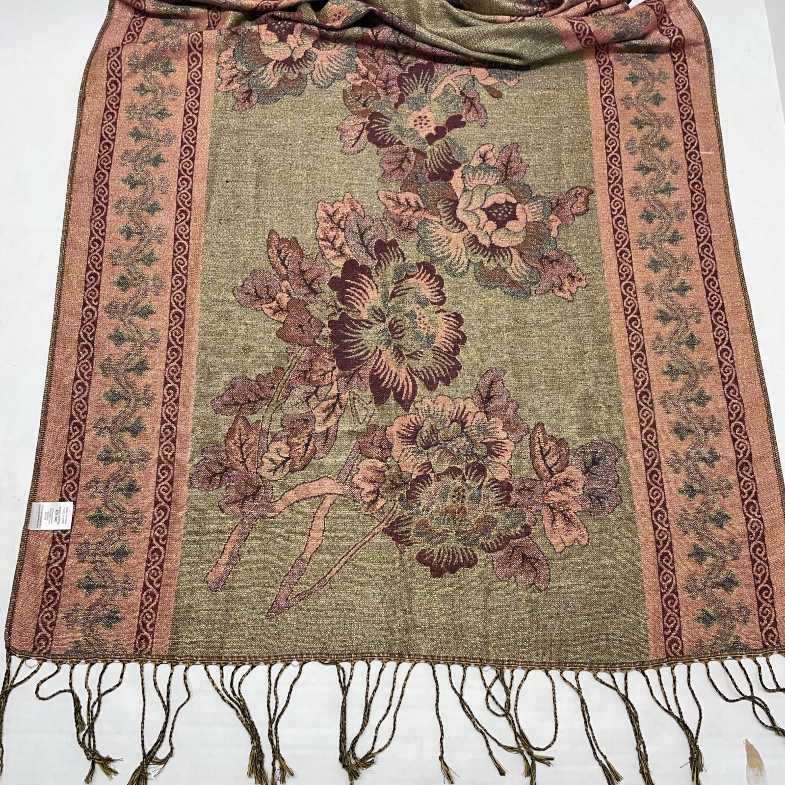 Elegant Floral Wrap Fringed Scarf Maroon Gold Black Oblong Rectangle Sparkle 72”