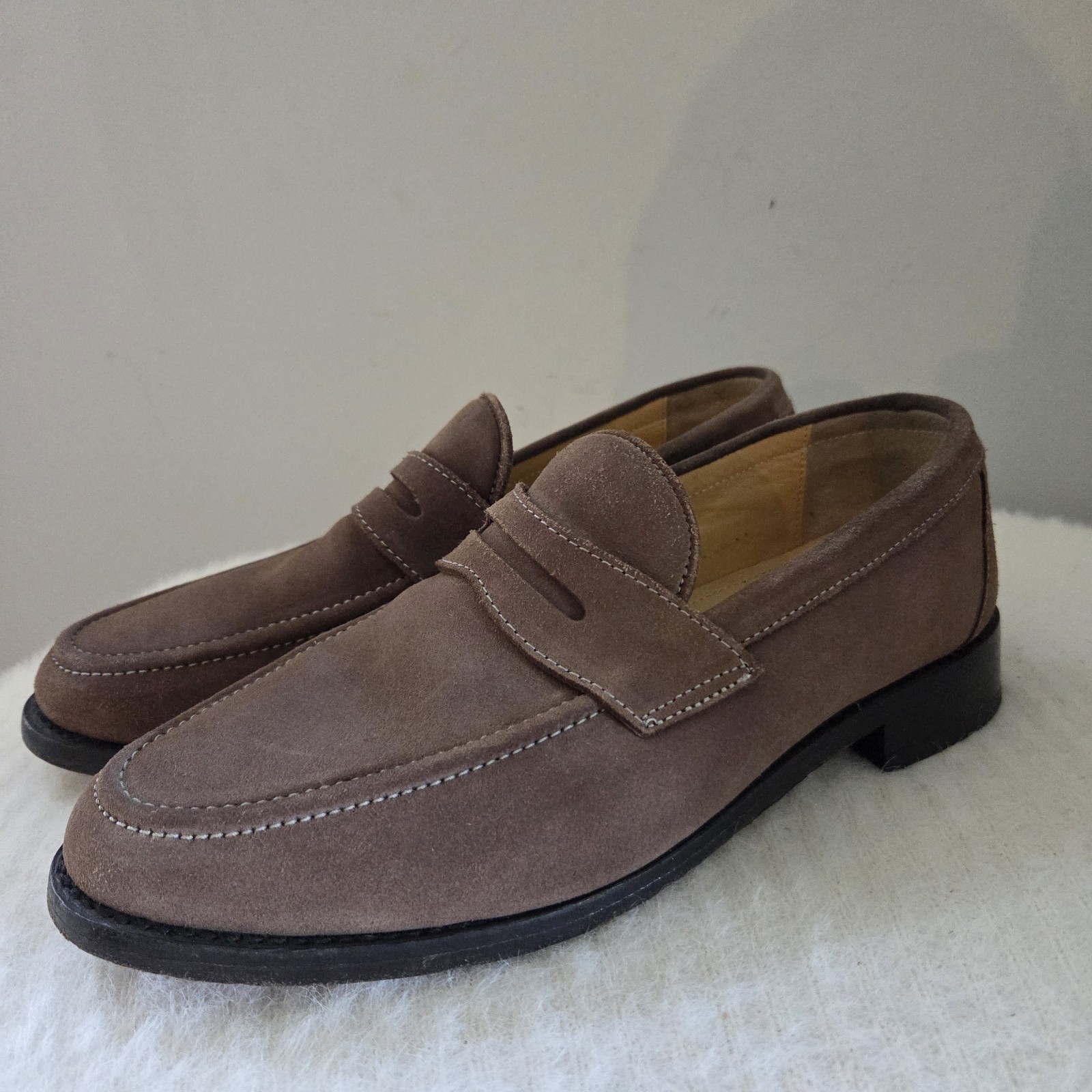 Samuel Windsor Suede Penny Loafers Light Brown Handmade Goodyear Welt Men US 9.5