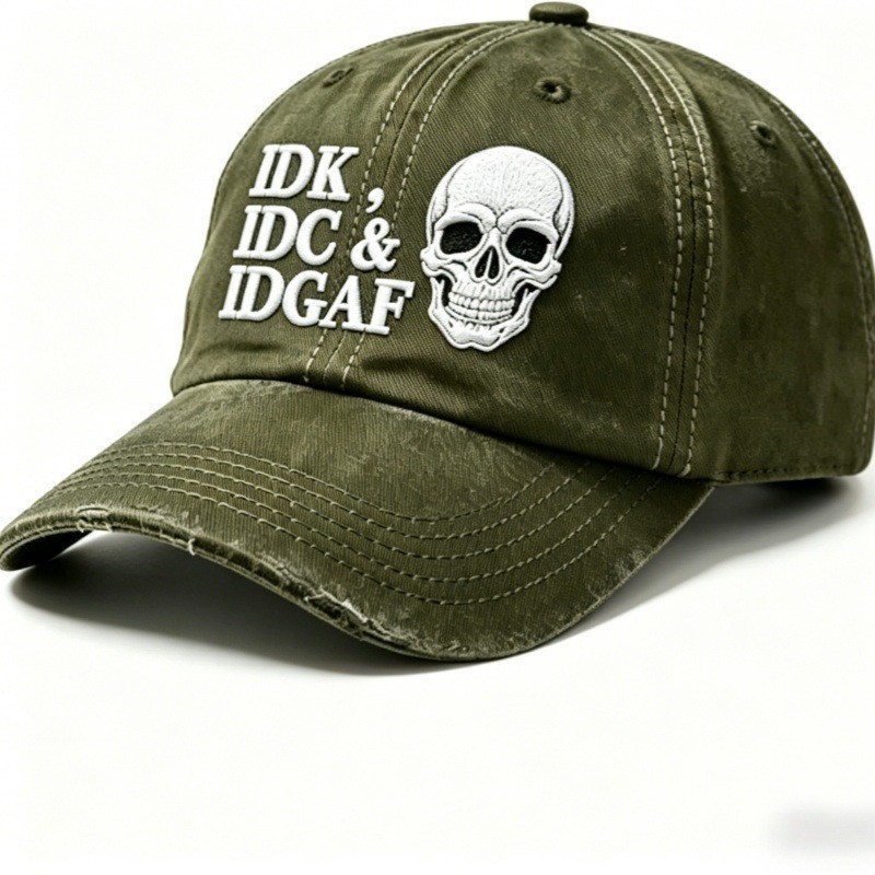 IDK IDC & IDGAF Skull Embroidered Vintage Washed Baseball Cap Funny Men Dad Hat