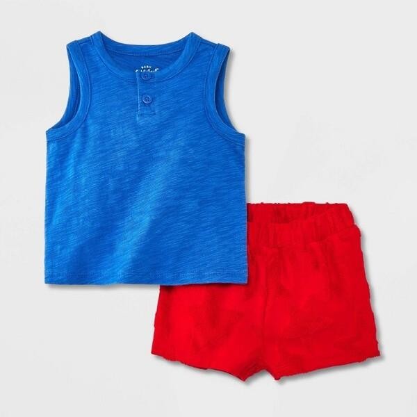 NEW NWT Boys Sz 6-9 Months Red Star Shorts & Blue Sleeveless Shirt 2 Pc Set