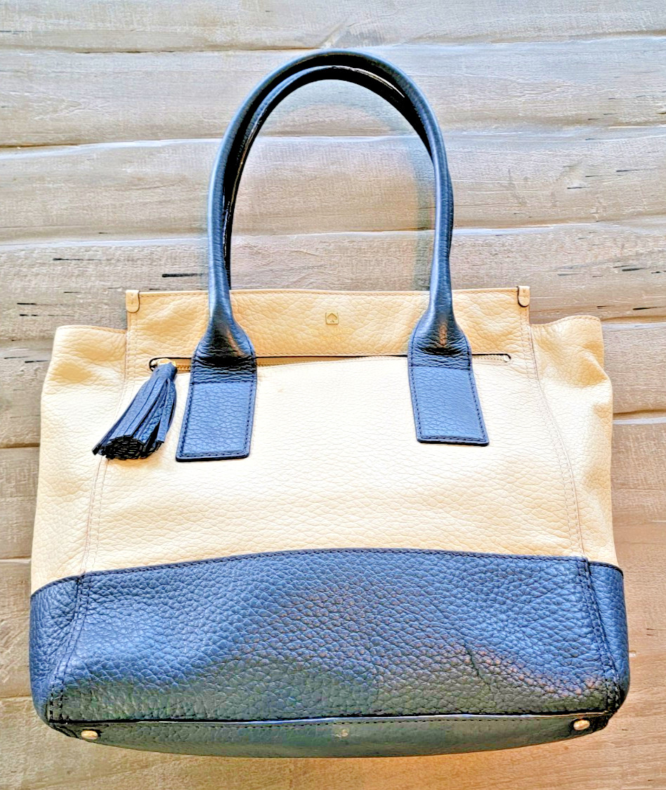Kate Spade New York Women’s Cream Midnight Leather Large Tote Purse HandBag 15in