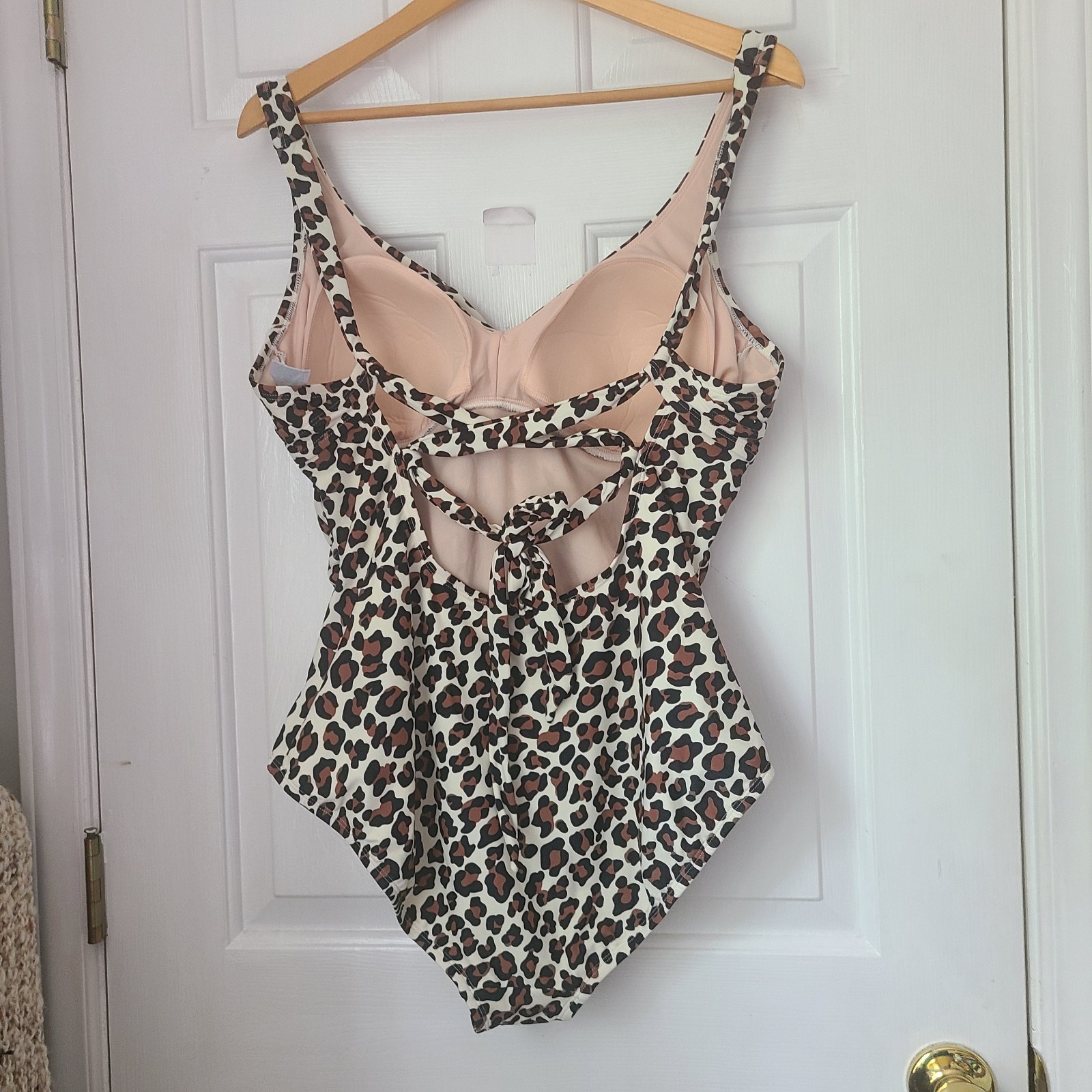 Kona Sol Leopard Print Shirred One Piece Swim Suit Sz XL Black Cream Resort New