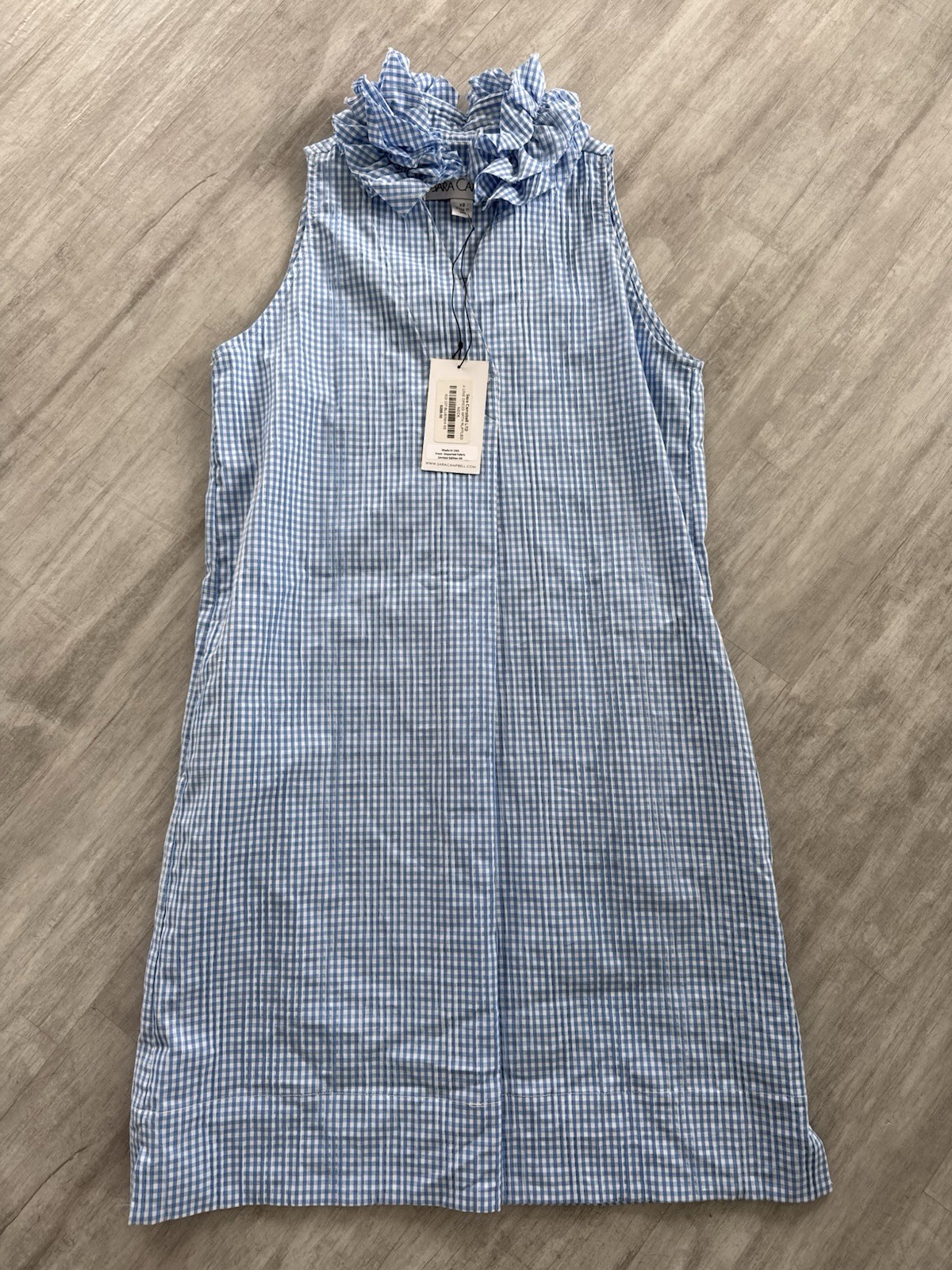 Womens Sara Campbell Aline Ruffle Neck Sleeveless Dress NWT BlueWhite Gingham XS